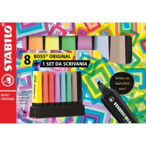 DESK SET 8 EVIDENZIATORE BOSS ORIGINAL + PASTEL + NATURE + NERO STABILO